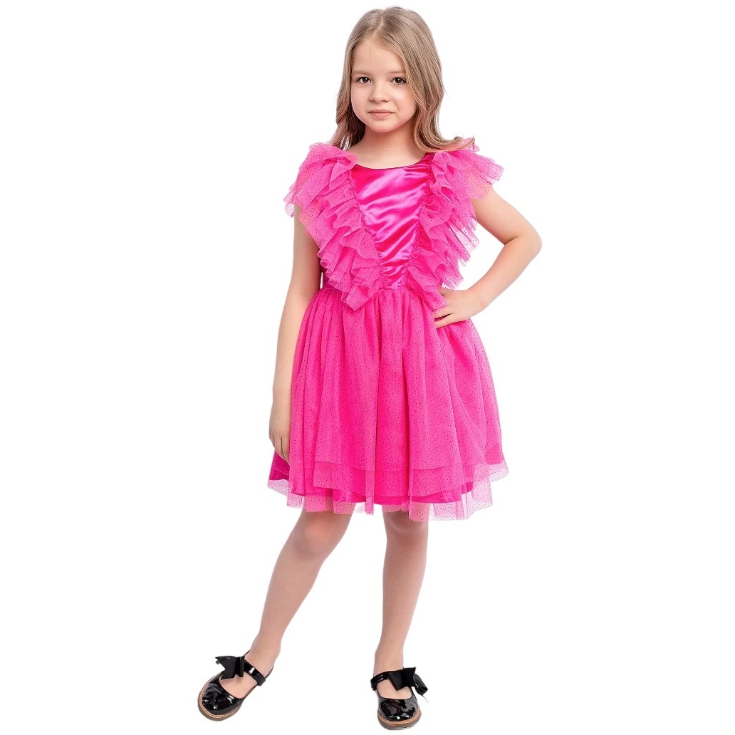 Платье к/р 128 "Эмми" с пышной юбкой и рюшами из фатин ярко-розовый 007 п22-128-64-02