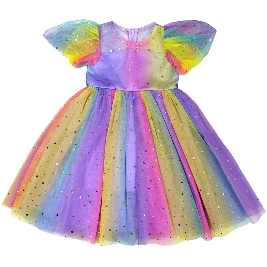 Платье к/р 122 "Хлопушка" верх сетка с блестками-звездочками фиолетовый радужный 5908