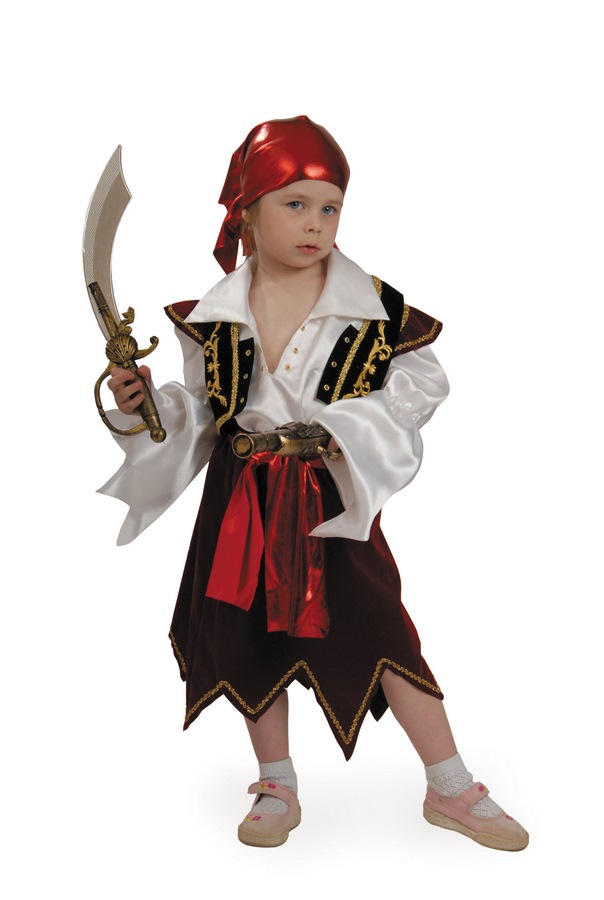 Карнавальный костюм "Корсарка" (жилет, блуза, юбка, пояс, бандана + сабля, мушкет)
