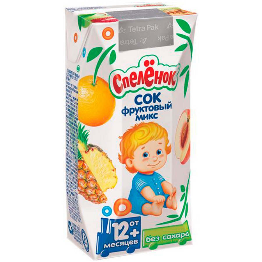 Детские соки. Сок спелёнок фруктовый микс (Tetra Pak), c 1 года. Сок спелёнок зеленое яблоко (Tetra Pak), c 3 месяцев. Сок спелёнок яблоко-груша (Tetra Pak), с 5 месяцев. Сок с мякотью спелёнок яблоко-персик.