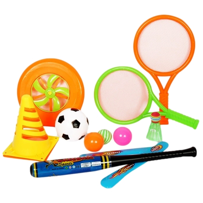 Игровой набор для детей "4 в 1" 11 предметов yg sport в сумке (футб. мяч, волан, бита 47 см, ракетка 36 см - 2 шт., мячи 2 шт., диски 2 шт., конусы 2 шт.)