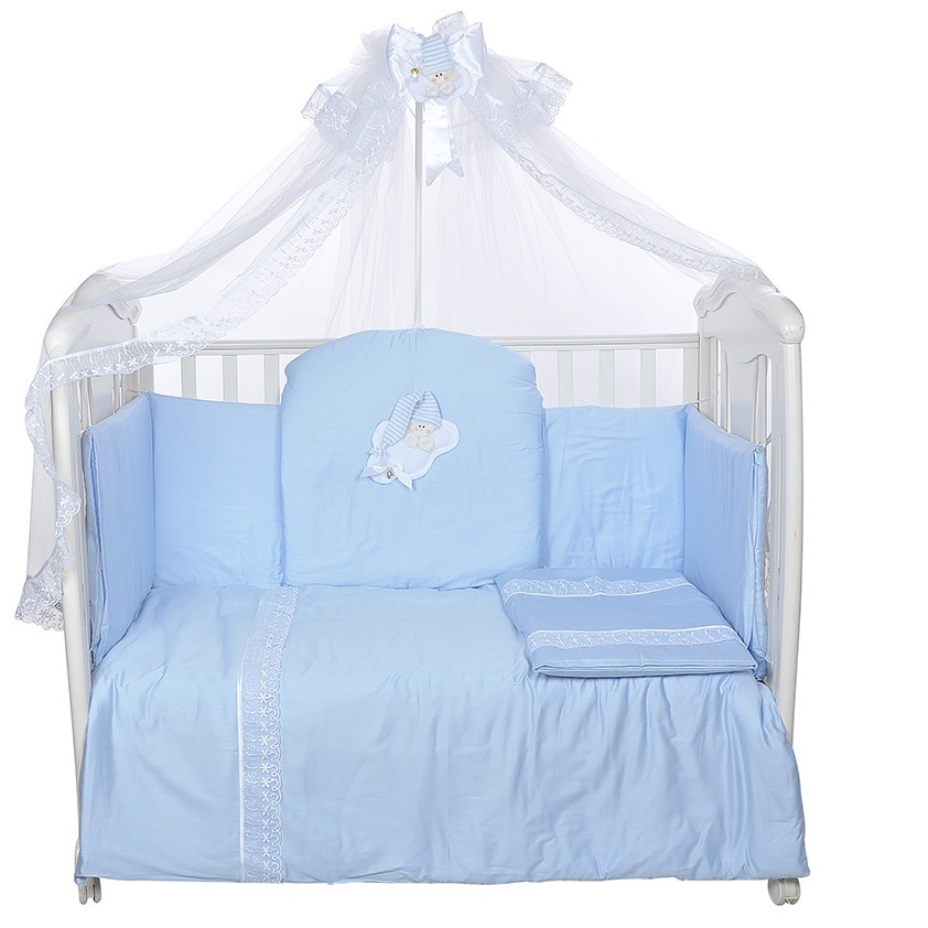 Комплект для кроватки "Ангел мой" сатин (голубой, 7 предметов)