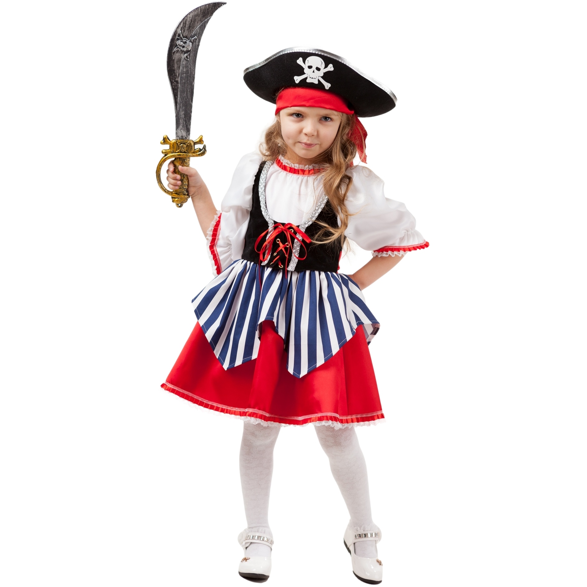 Карнавальный костюм "Пиратка Сейди" (платье, бандана, шляпа, сабля) размер 110-56