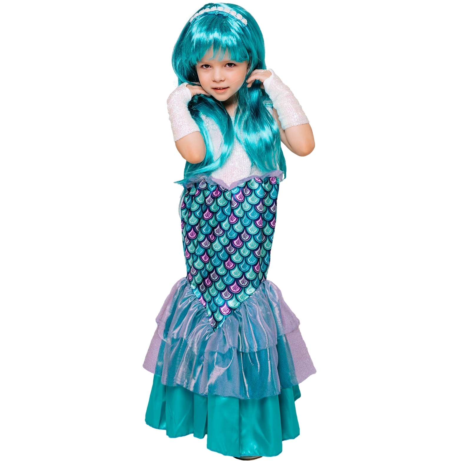 Карнавальный костюм "Русалка" (платье, ободок, перчатки, парик) размер 110-60