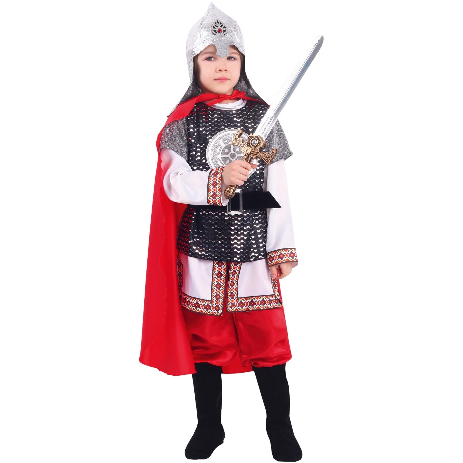 Карнавальный костюм "Богатырь" (кольчуга, рубаха, шлем, брюки, плащ, меч) размер 110-56
