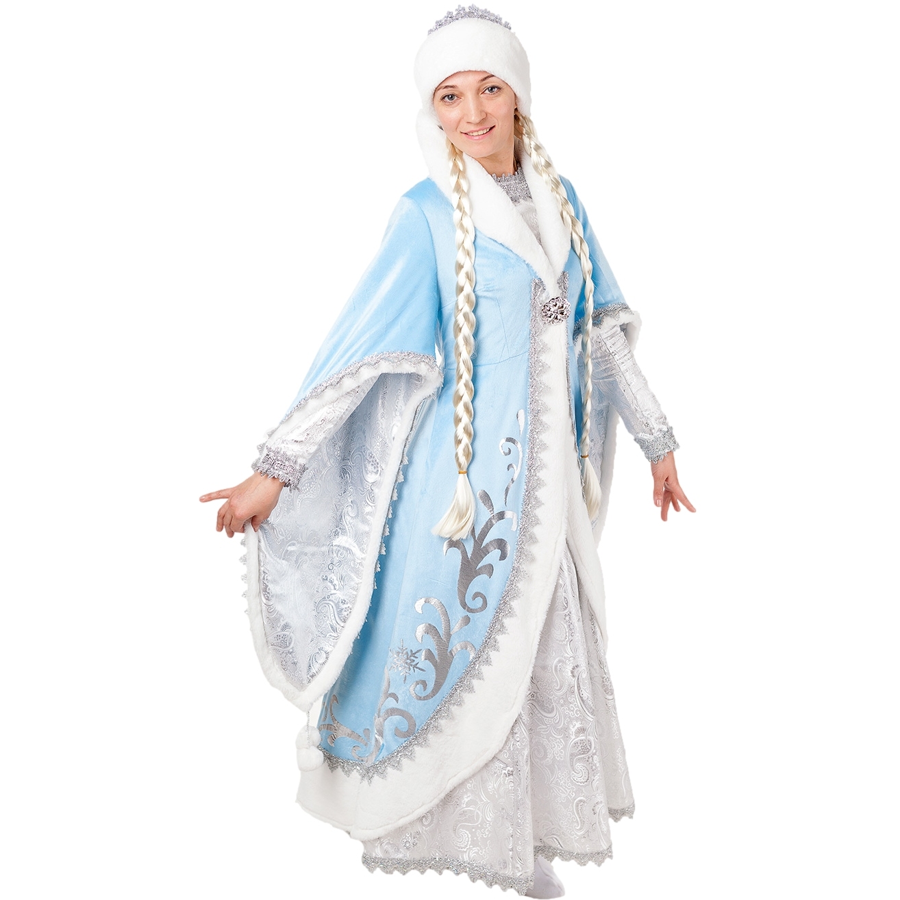 Карнавальный костюм "Снегурочка премиум" (платье, шапка, косы, шуба, подъюбник) размер 164-48