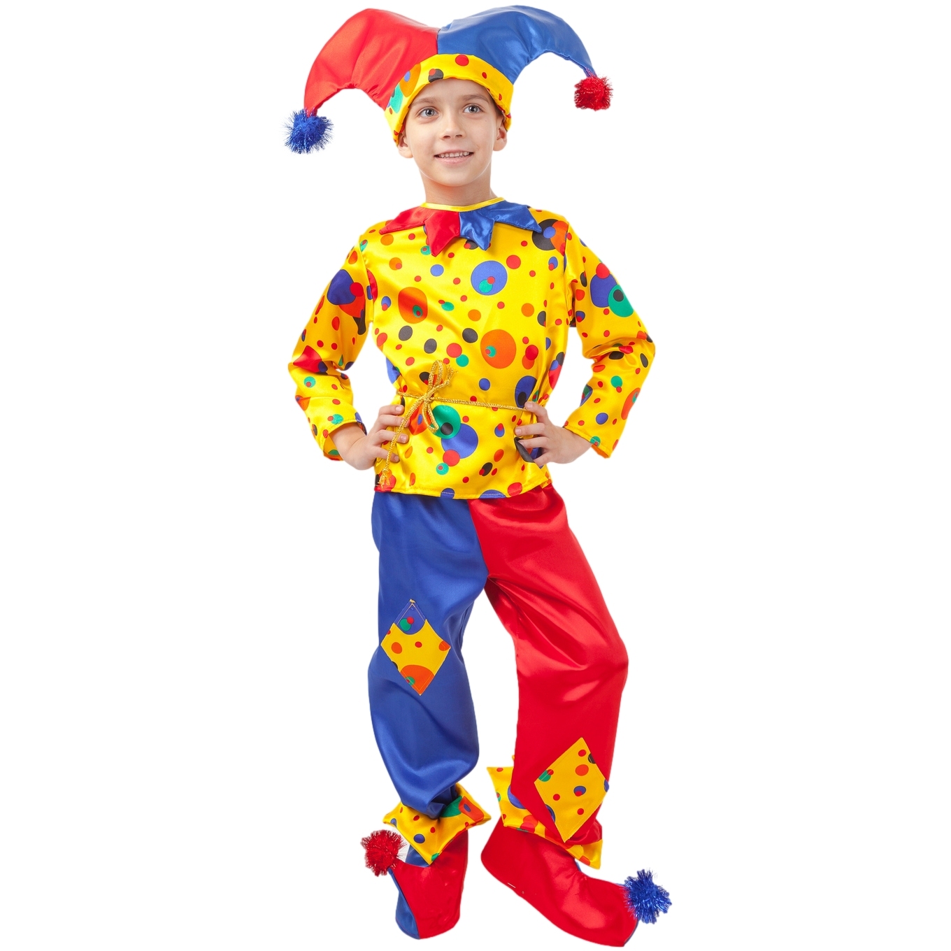 Карнавальный костюм "Петрушка" (рубаха,пояс,брюки,колпак,сапожки) текстиль р. 146-76