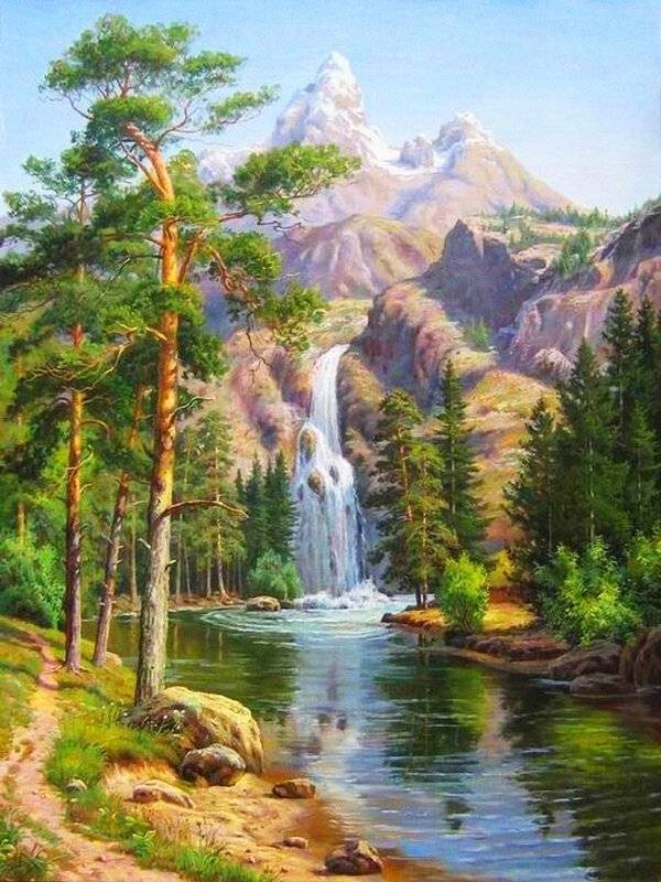 Алмазная живопись горный водопад 30*40