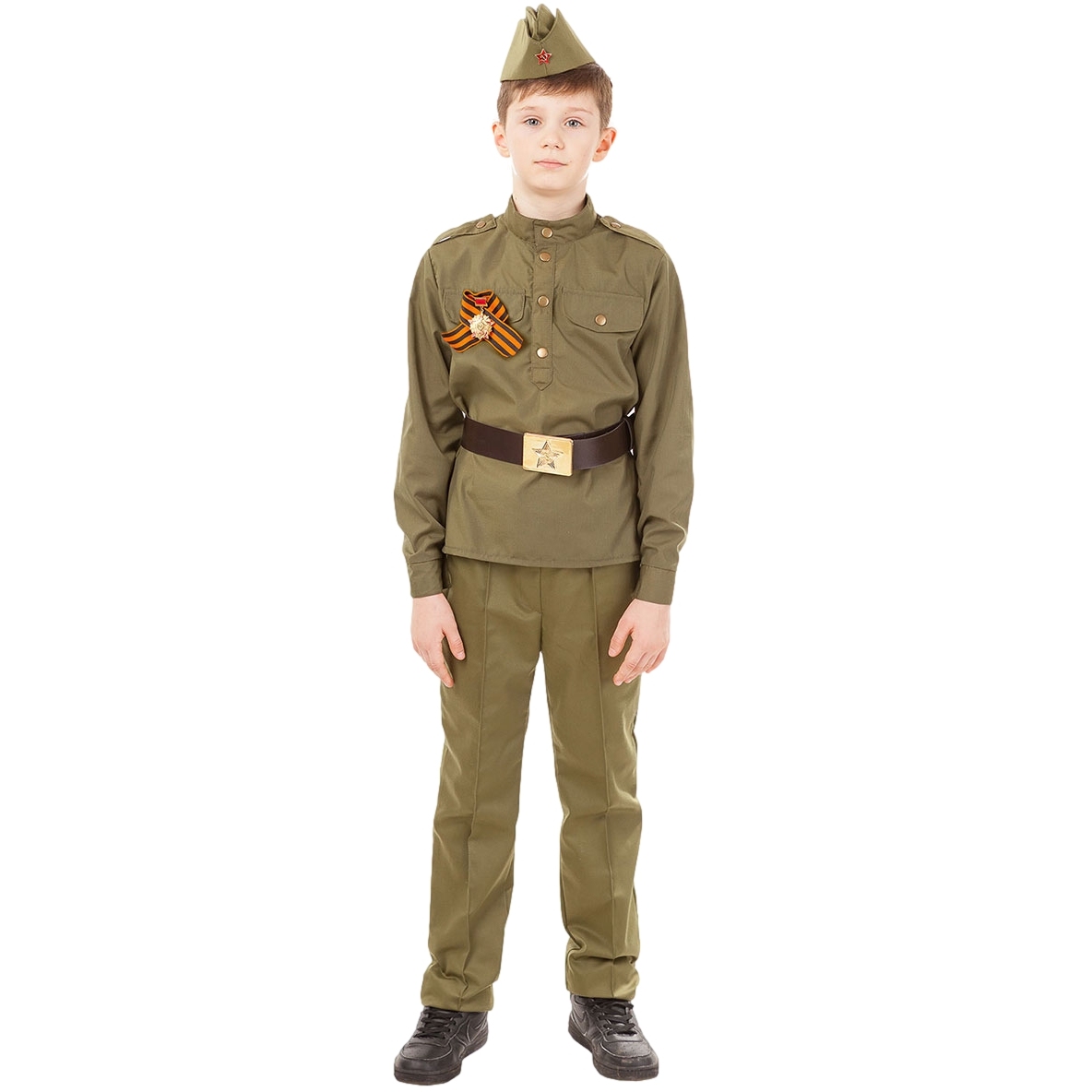 Карнавальный костюм "солдат" (гимнастерка, брюки, пилотка, ремень, георгиевская лента) размер 116-60