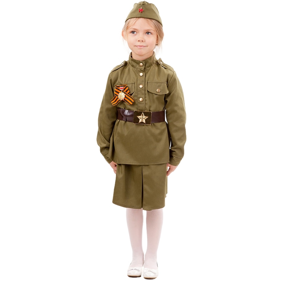 Карнавальный костюм "солдатка" (гимнастерка, юбки, пилотка, ремень,георгиевская лента) размер 116-60
