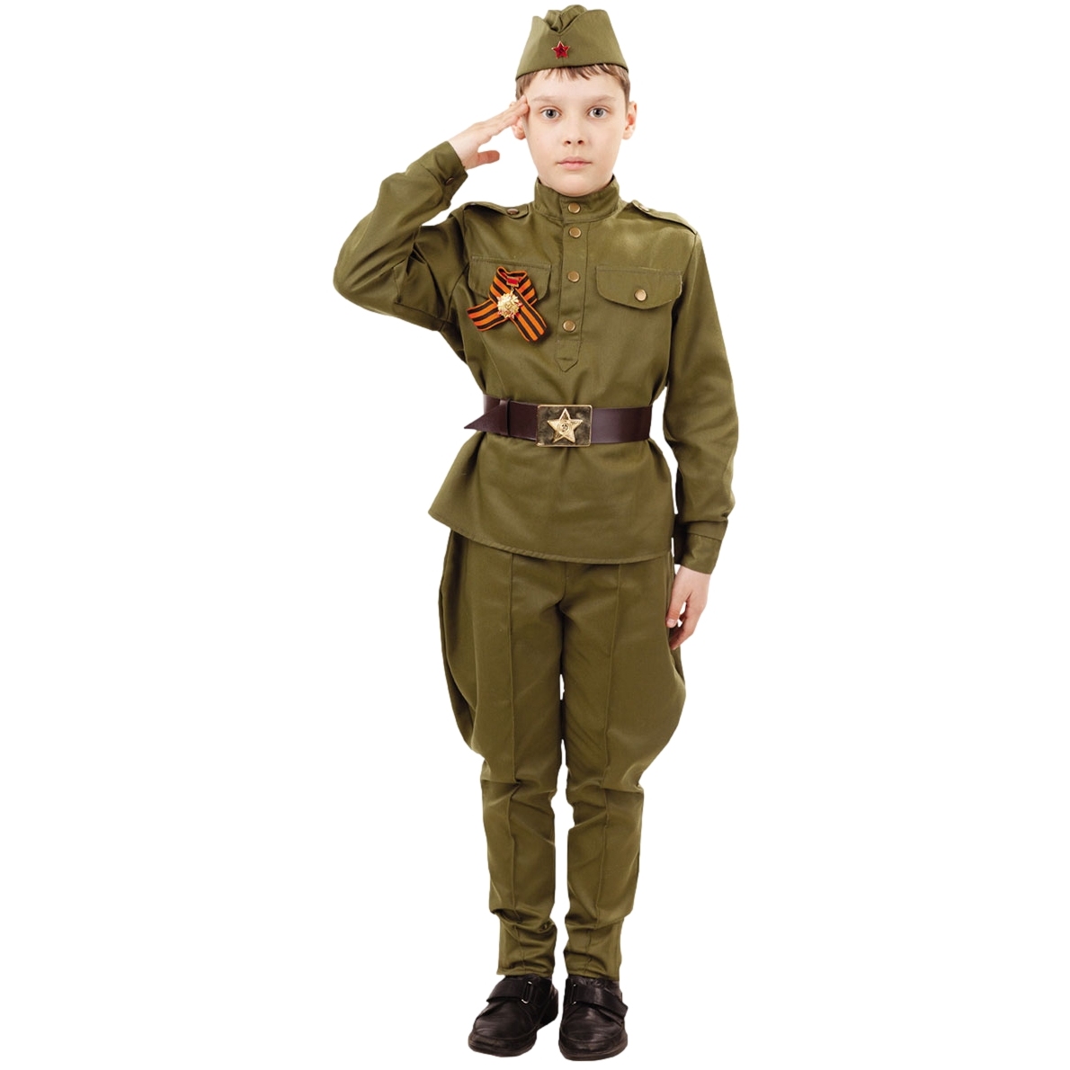 Карнавальный костюм "солдат"(гимнастерка, брюки, пилотка, ремень) размер 128-32