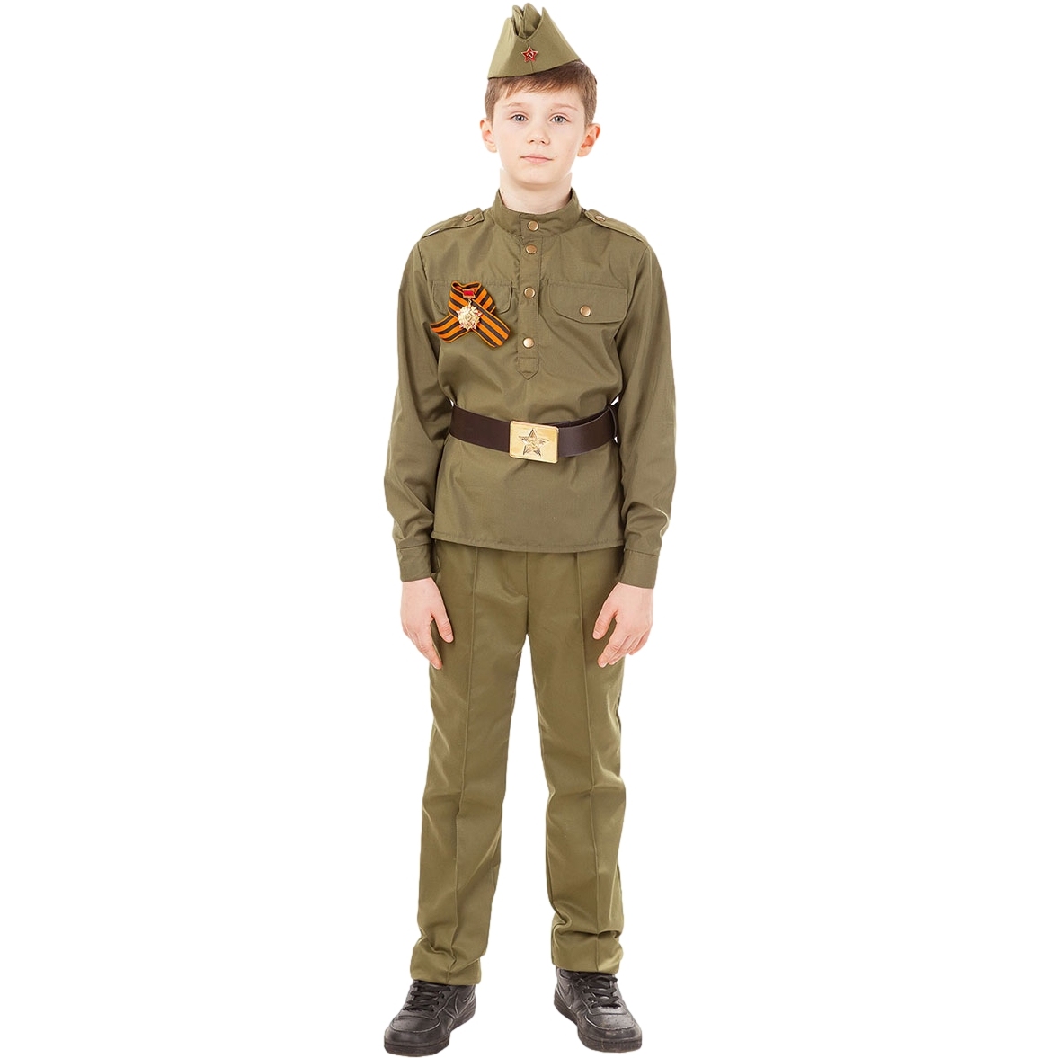 Карнавальный костюм "солдат" (гимнастерка, брюки, пилотка, ремень,георгиевская лента) размер 104-52