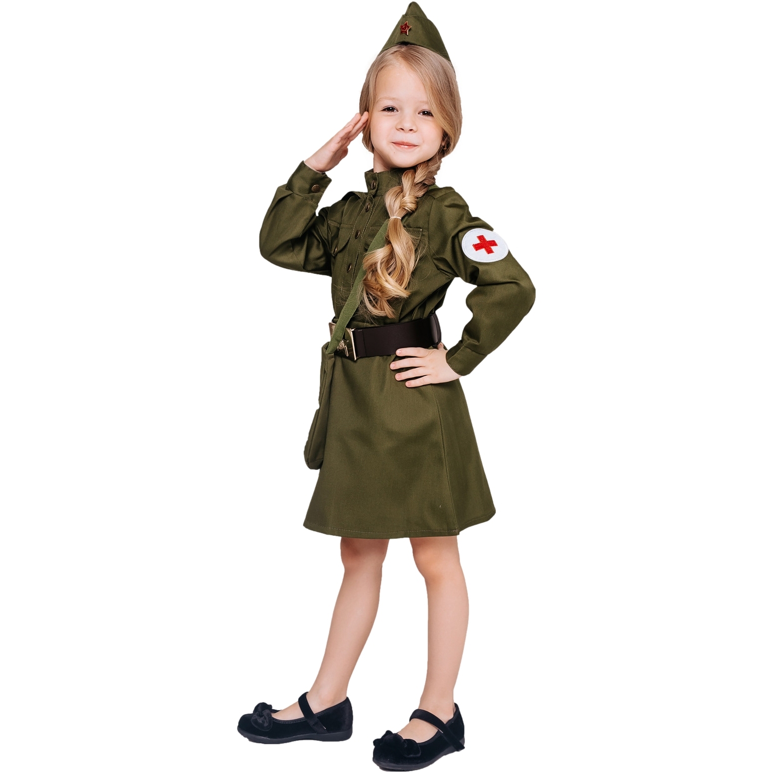 Карнавальный костюм "Военная медсестра" (гимнастерка,юбка,пилотка,ремень,сумка) р. 110-56