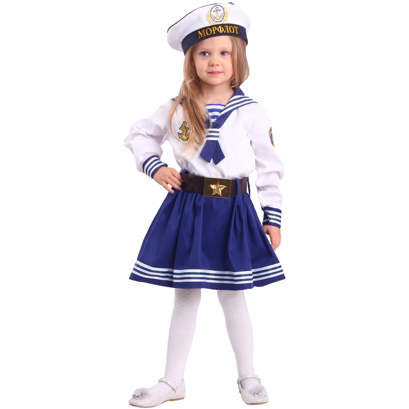 Карнавальный костюм "морячка"(рубашка, юбка, ремень, бескозырка) размер 110-56
