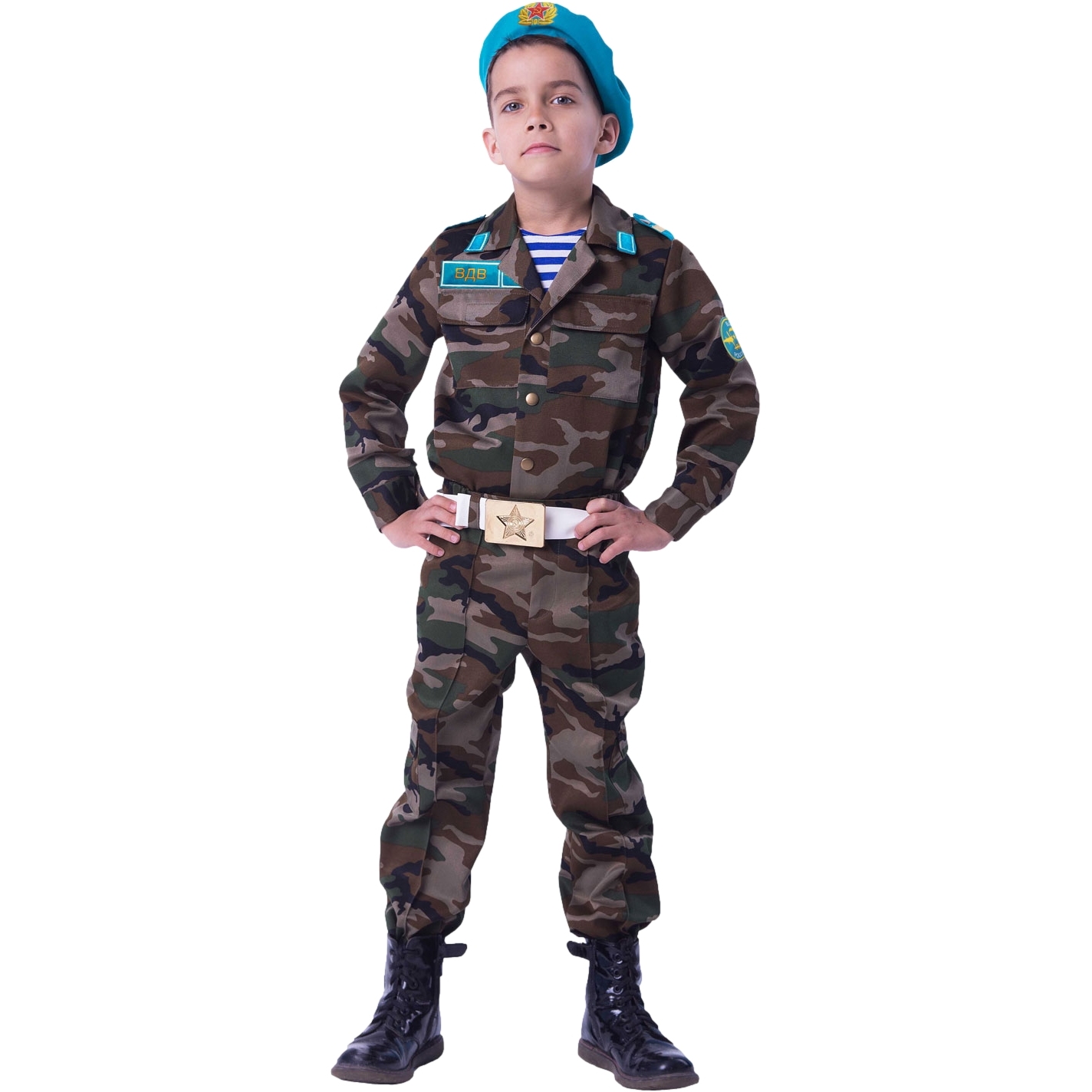 Карнавальный костюм "десантник"(рубашка, брюки, тельняшка, берет, ремень) размер 110-56