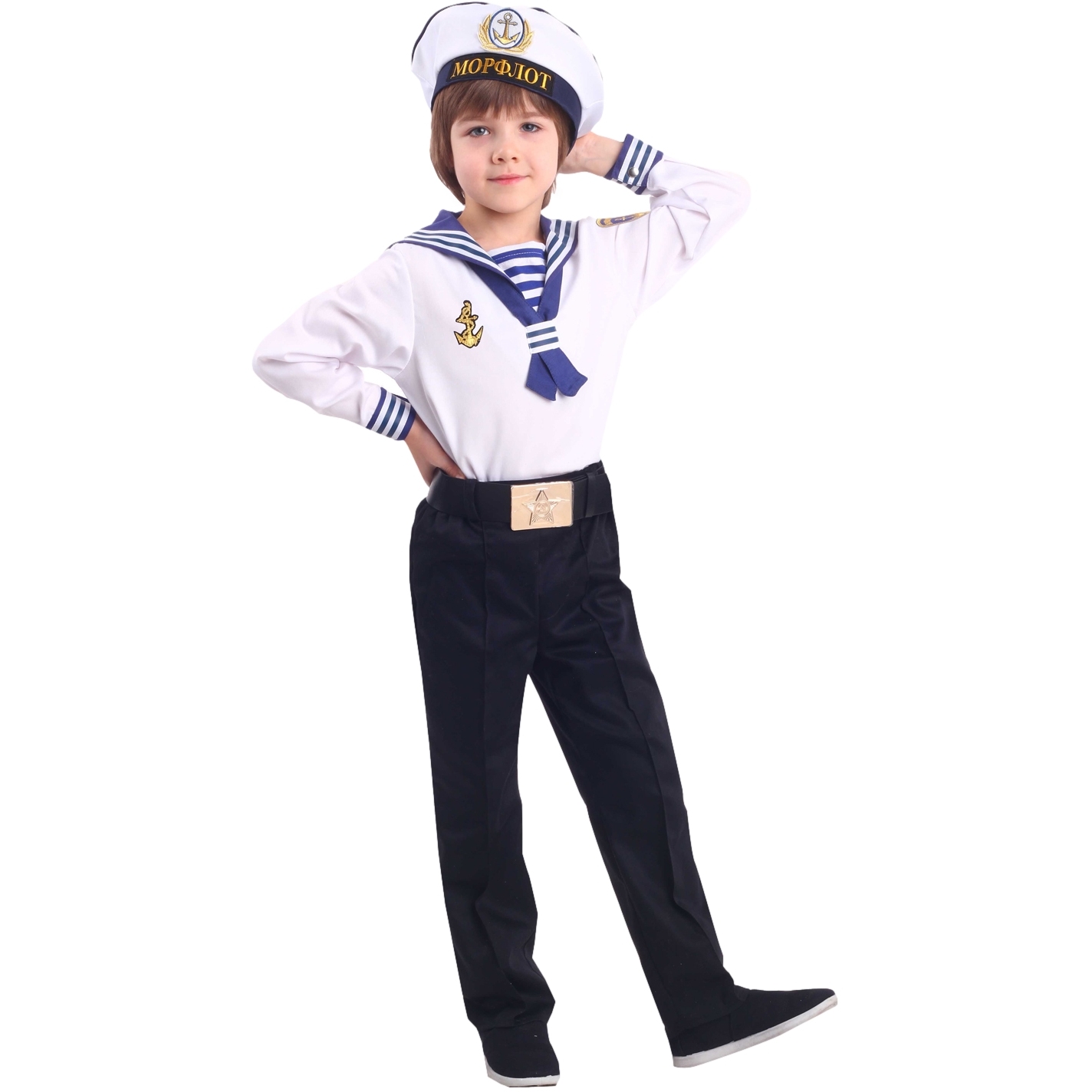 Карнавальный костюм "Моряк" (рубашка, брюки, ремень, бескозырка) размер 128-64