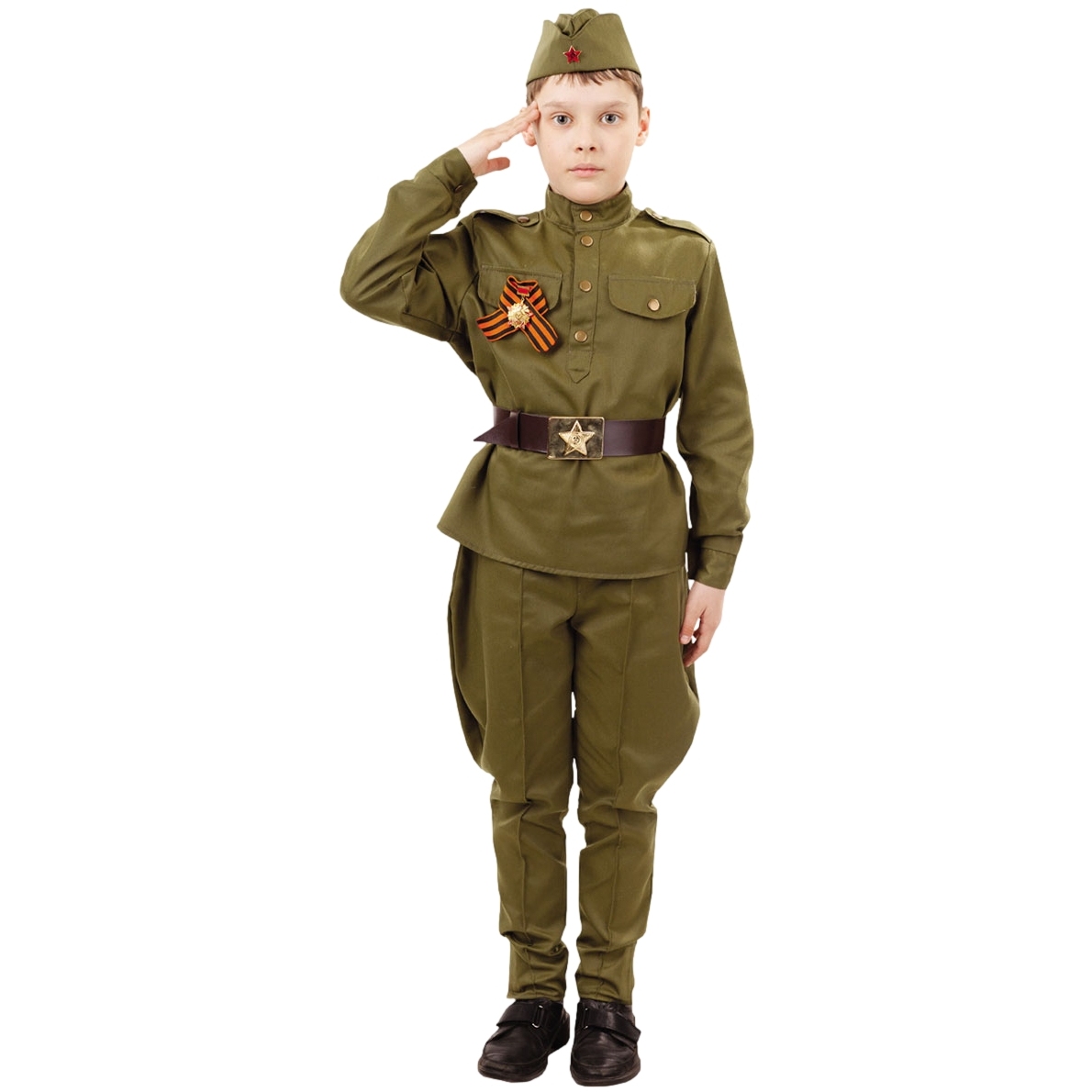Карнавальный костюм "солдат" (гимнастерка, брюки, пилотка, ремень) размер 110-56