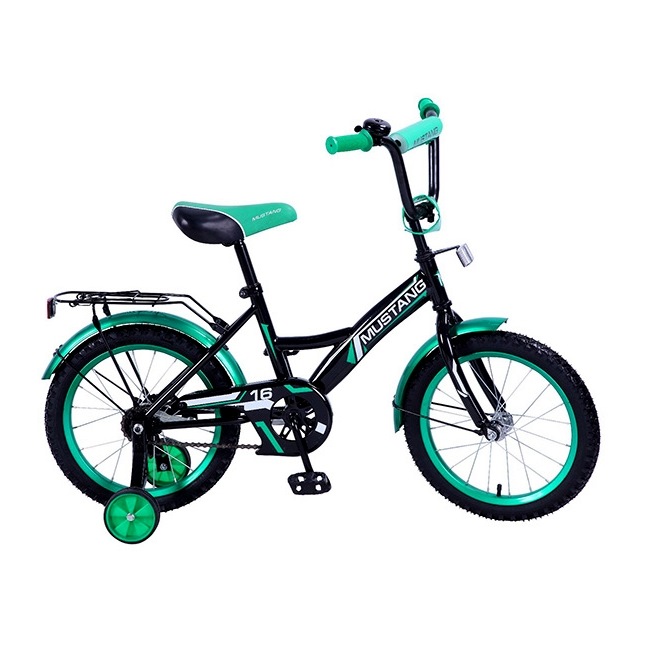 Велосипед 16" Мустанг (черно-зеленый, страховочные колеса)