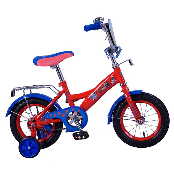 Велосипед 12" Мустанг (красно-голубой, страховочные колеса, багажник)