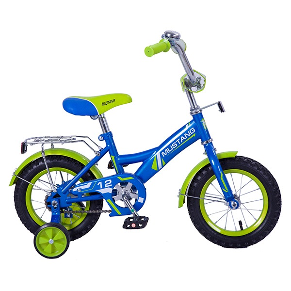 Велосипед 12" Мустанг (сине-салатовый, багажник, страховочные колеса)