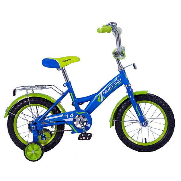 Велосипед 14" Мустанг (сине-салатовый, багажник, страховочные колеса)