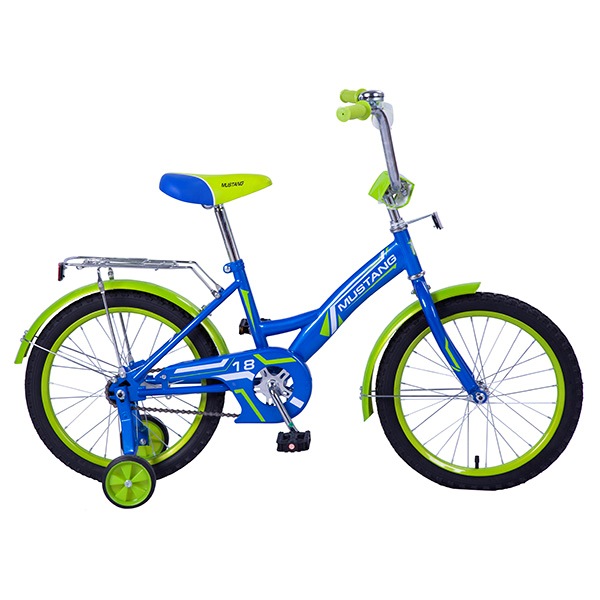Велосипед 18" Мустанг (сине-салатовый, багажник, страховочные колеса)
