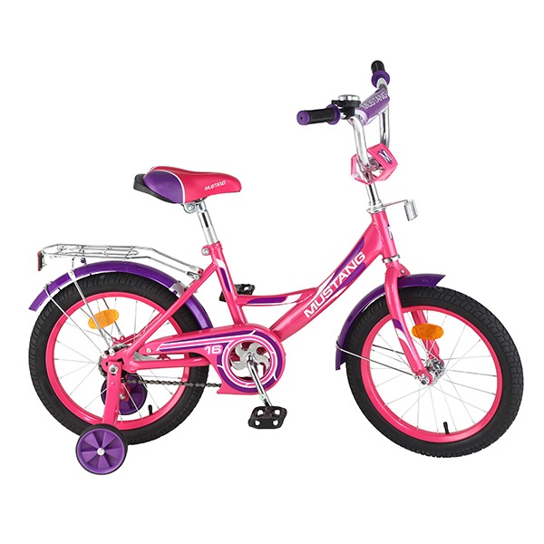 Велосипед 16" Мустанг (розово-фиолетовый, багажник, страховочные колеса)
