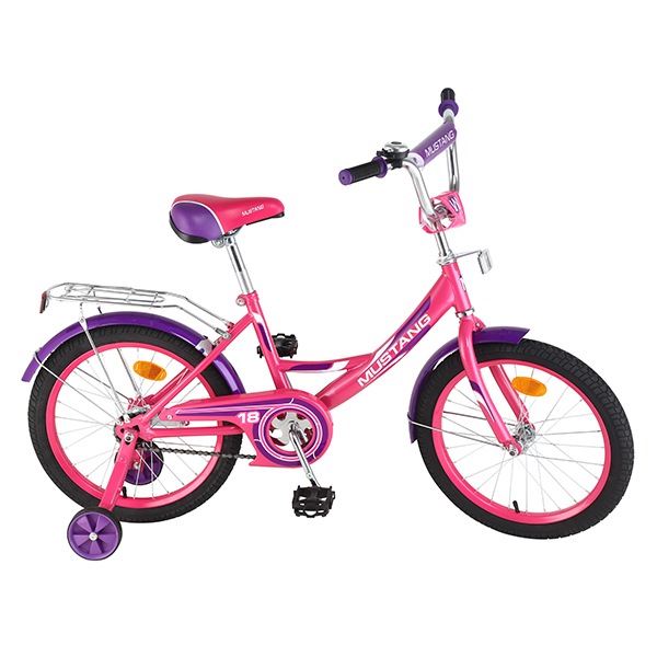 Велосипед 18" Мустанг (розово-фиолетовый, багажник, страховочные колеса)