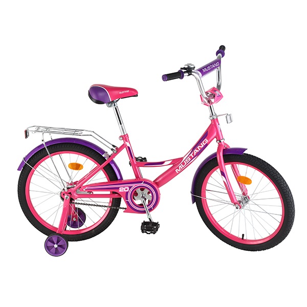 Велосипед 20" Мустанг (розово-фиолетовый, багажник, страховочные колеса)
