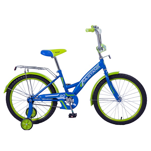 Велосипед 20" Мустанг (сине-салатовый, багажник, страховочные колеса)