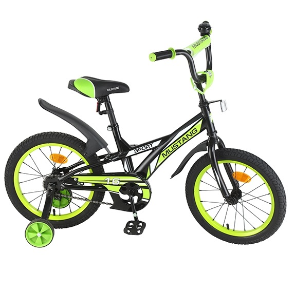 Велосипед 16" Мустанг Sport (черно-зеленый, страховочные колеса)