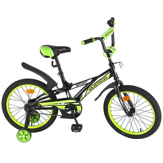 Велосипед 18" Мустанг Sport (черно-зеленый, страховочные колеса )