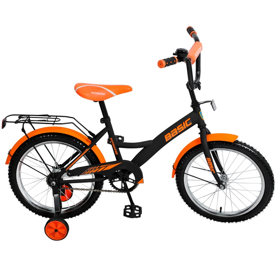Велосипед Навигатор Basic 18" (багажник, защита на руле и выносе, звонок, мягкое седло, страховые колеса, черно-оранжевый)