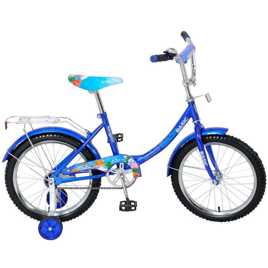 Велосипед Навигатор Basic 18" (багажник, защита на руле и выносе, звонок, мягкое седло, страховые колеса, синий)