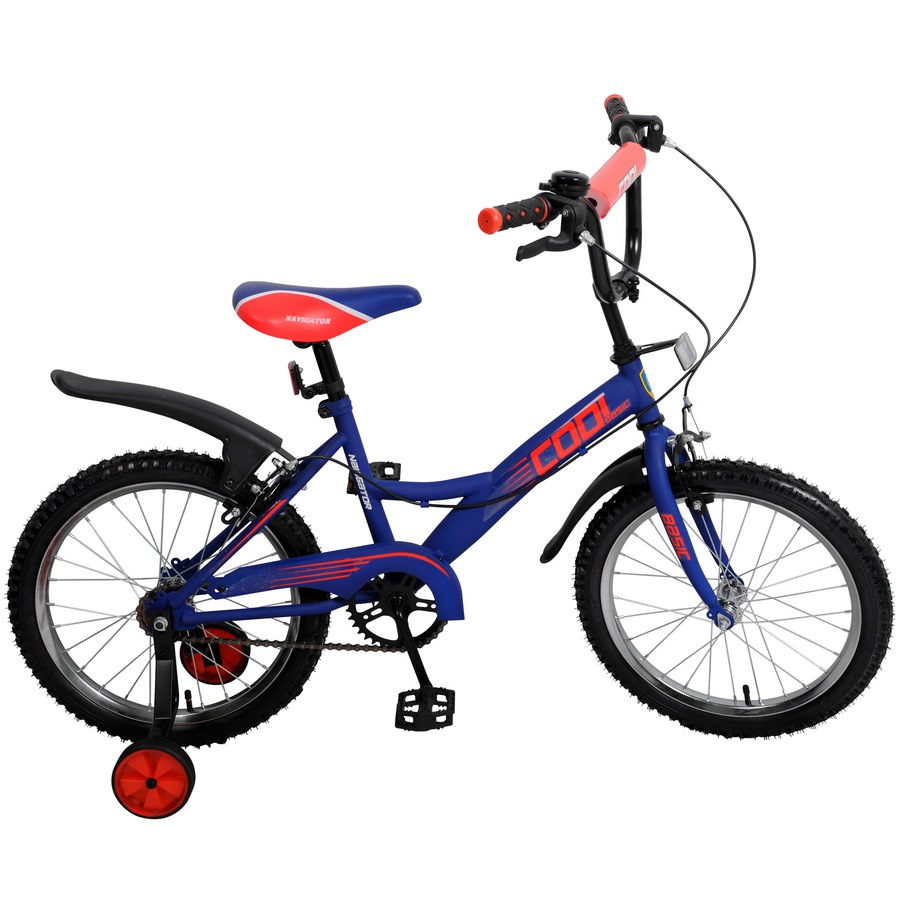 Велосипед Навигатор Basic COOL 18" (пластиковые крылья, ручной тормоз с удлиненной рукоят, защита на руле и выносе, звонок, мягкое седло, страховые колеса, синий-красный)