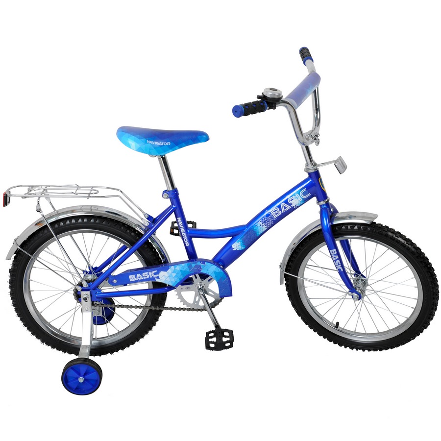 Велосипед Навигатор Basic 18" (багажник, защита на руле и выносе, звонок, мягкое седло, страховые колеса, синий)