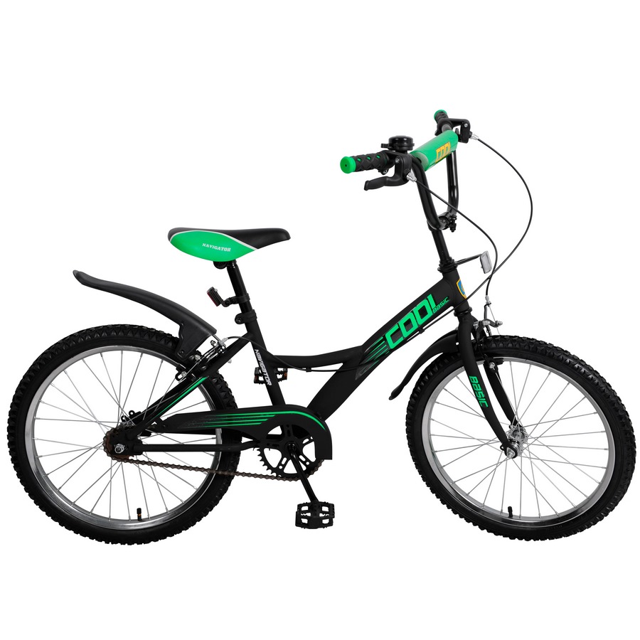 Велосипед Навигатор Basic COOL 20" (пластиковые крылья, ручной тормоз с удлиненной рукояткой, защита на руле и выносе, звонок, мягкое седло, подножка, черно-зеленый)