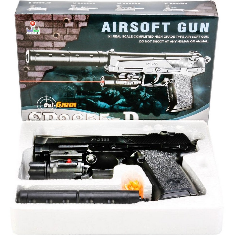 Пистолет (п) с лазер. прицелом, с глушителем, с пульками sp3855-d в кор. в кор.2*48шт 1b00102
