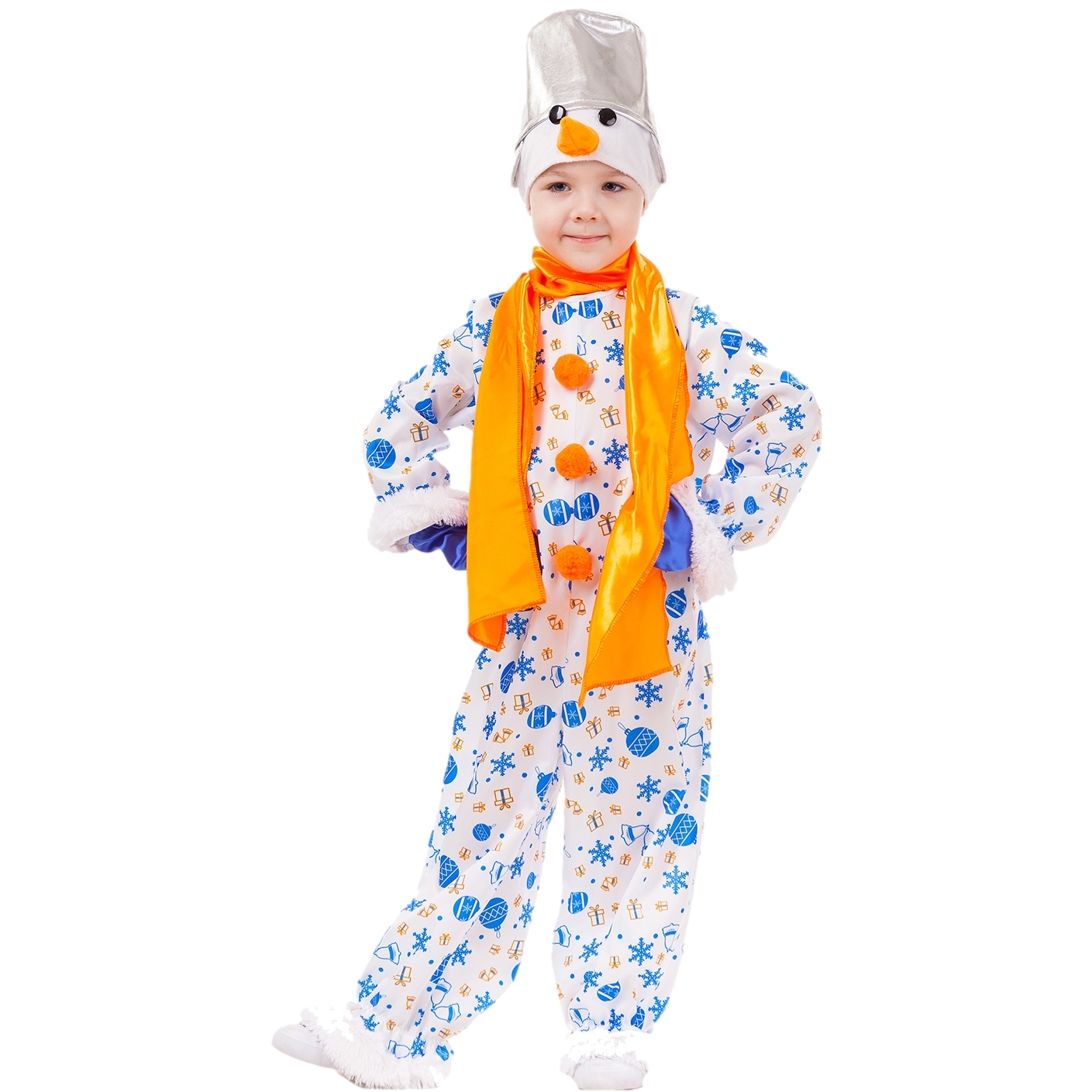 Карнавальный костюм "Снеговик Снежок" (комбинезон,головной убор,варежки,шарф) размер 116-64