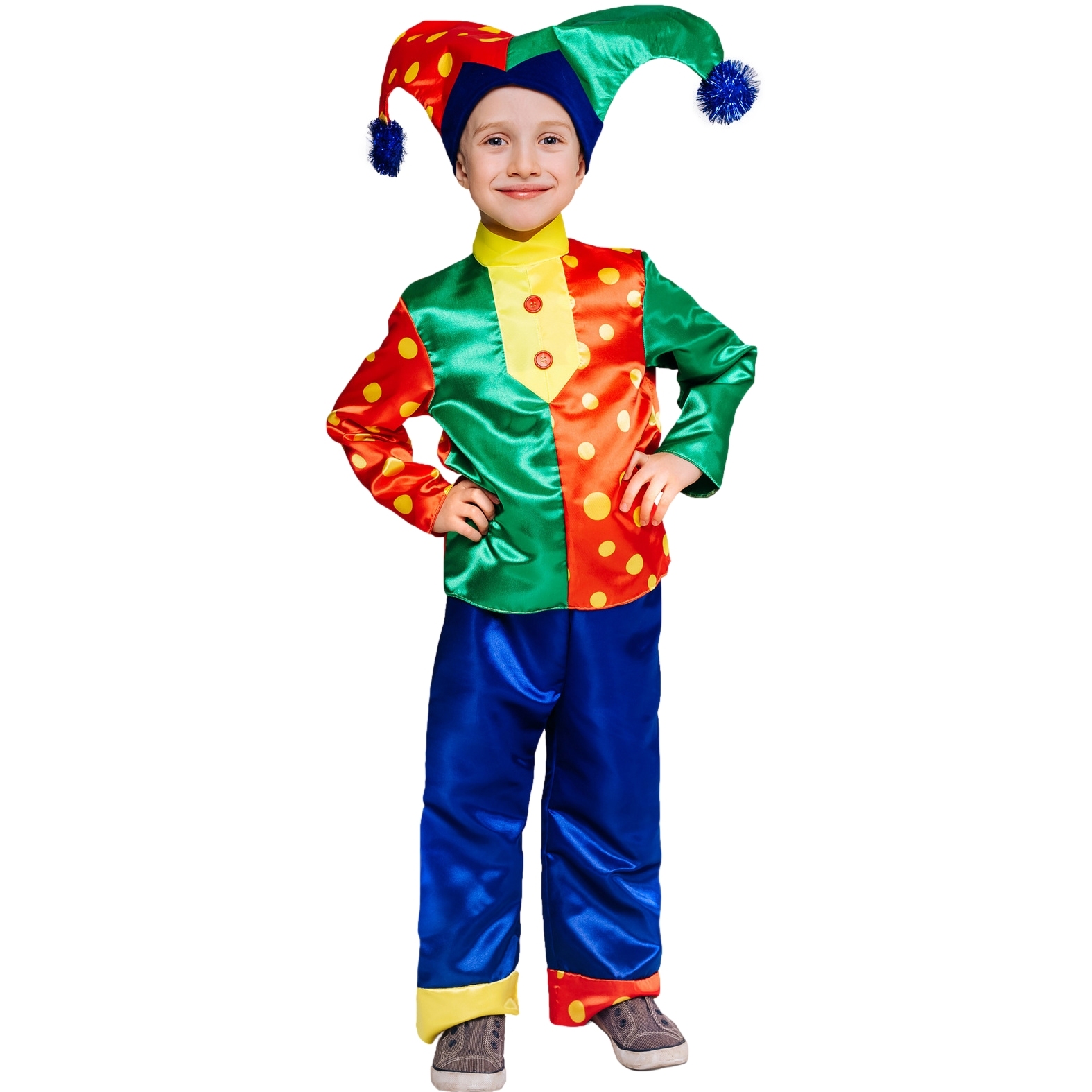 Карнавальный костюм "Скоморох гороховый" (рубашка, брюки, колпак) размер 104-52