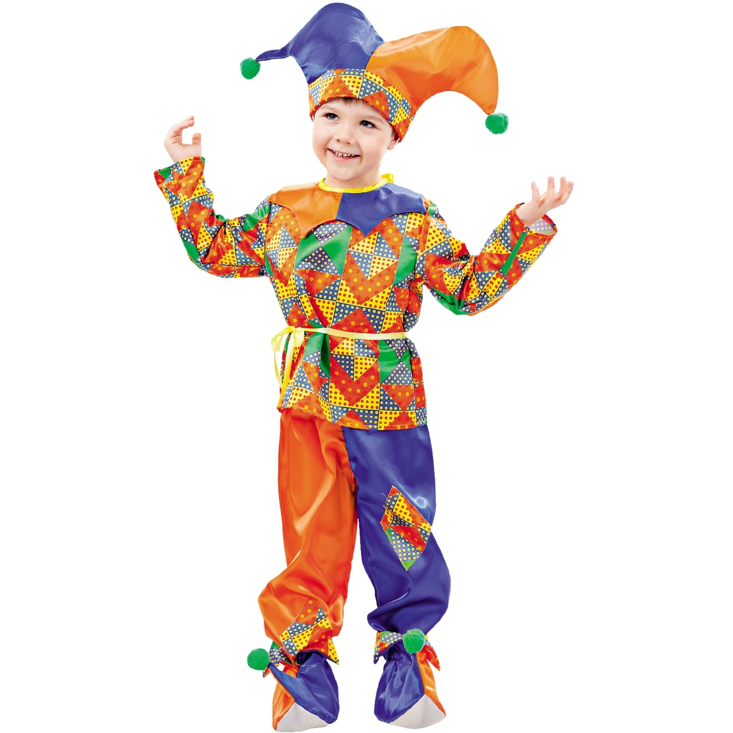 Карнавальный костюм "Петрушка" (рубашка с пясом, брюки, колпак, башмачки) размер 110-56