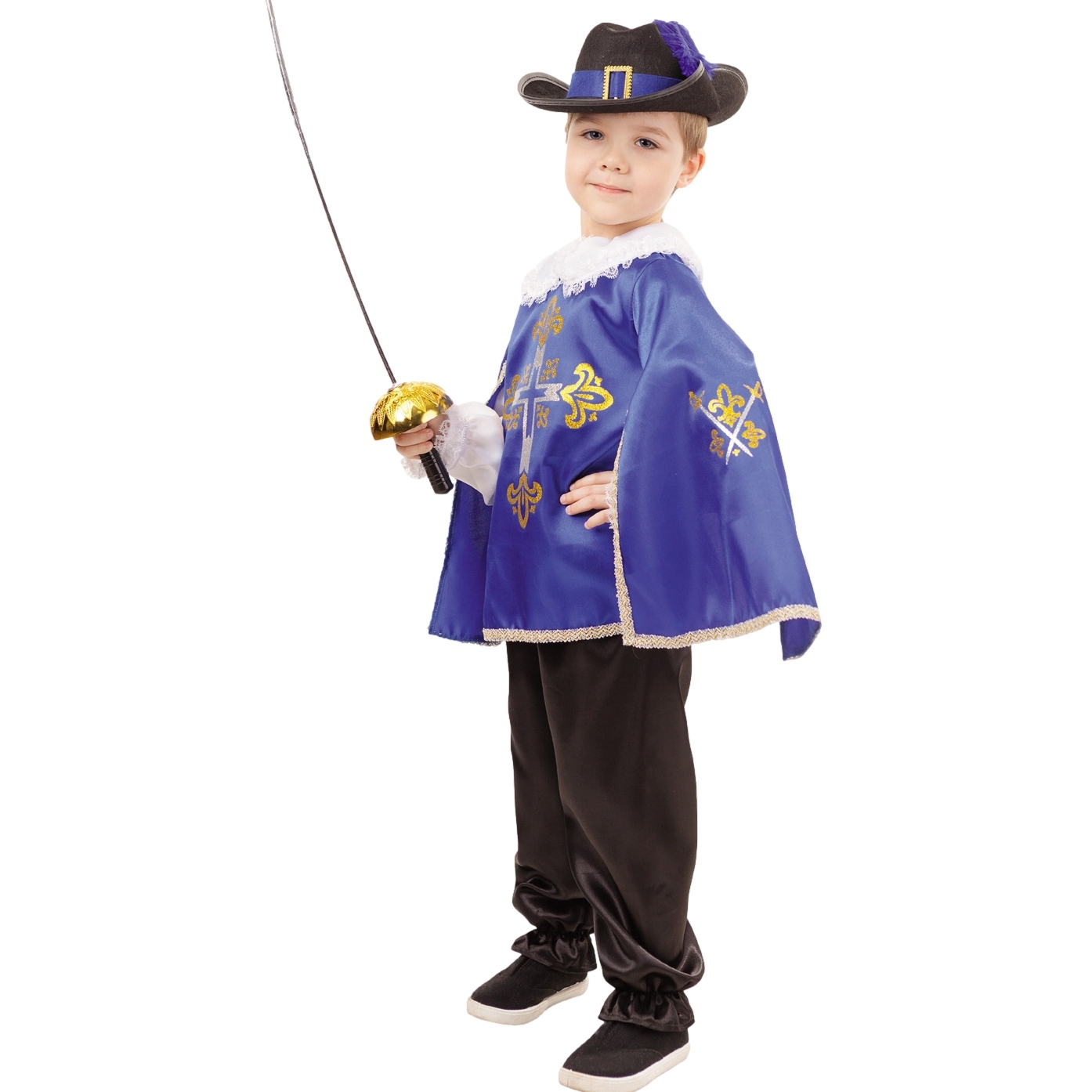Карнавальный костюм "Мушкетер синий" (рубашка с плащом,брюки,шляпа,шпага) размер 122-64