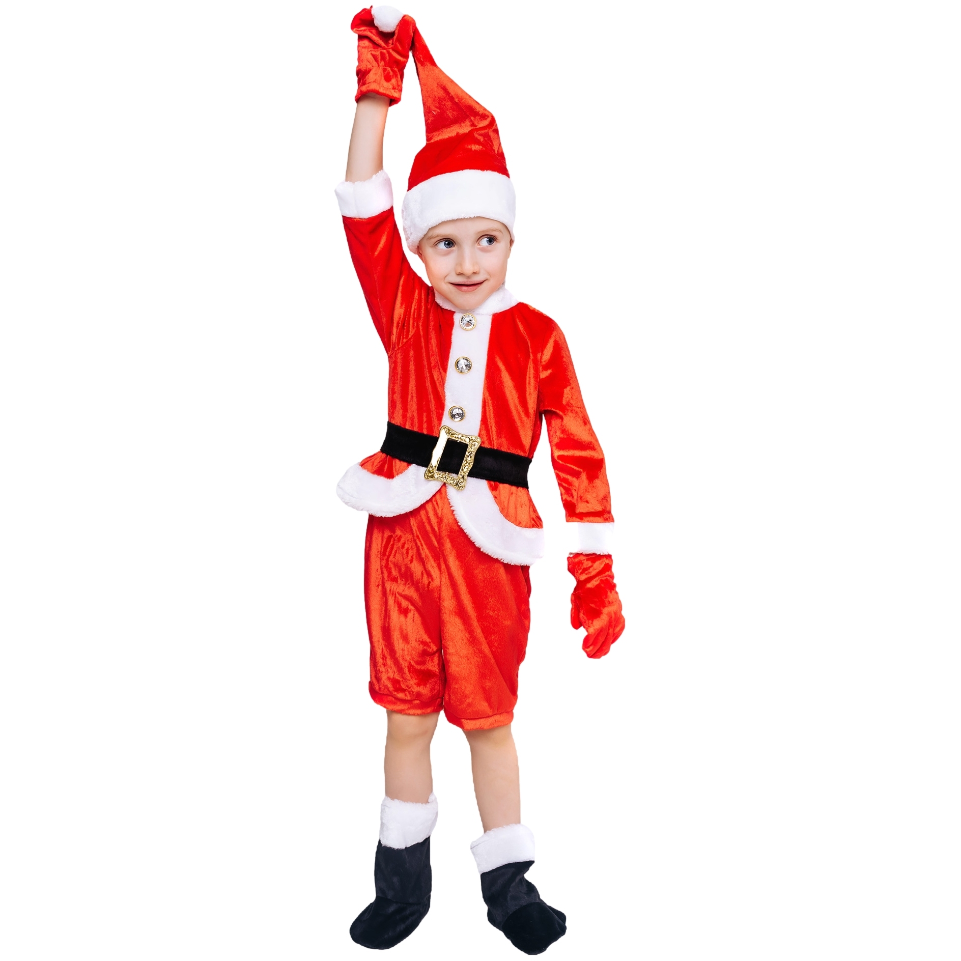 Карнавальный костюм "Малыш Санта" (комбинезон, колпак, пояс, варежки, сапожки) размер 104-52