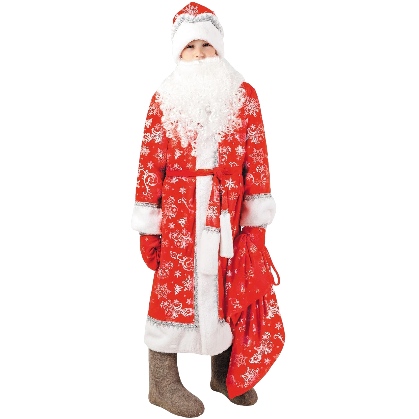 Карнавальный костюм "Дед Мороз Морозко" (шуба,шапка,борода,варежки,мешок,пояс) размер 134-68