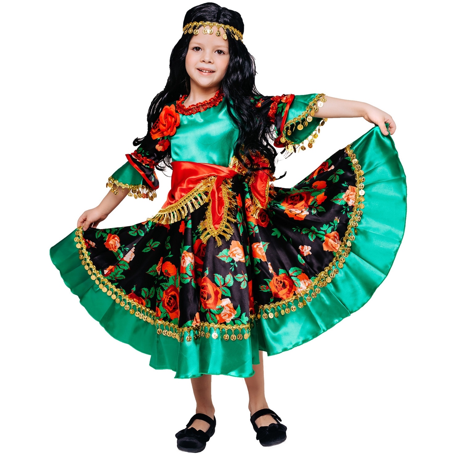 Карнавальный костюм "Цыганка Рада" (платье,парик,косынка,повязка с манистами) 116-60