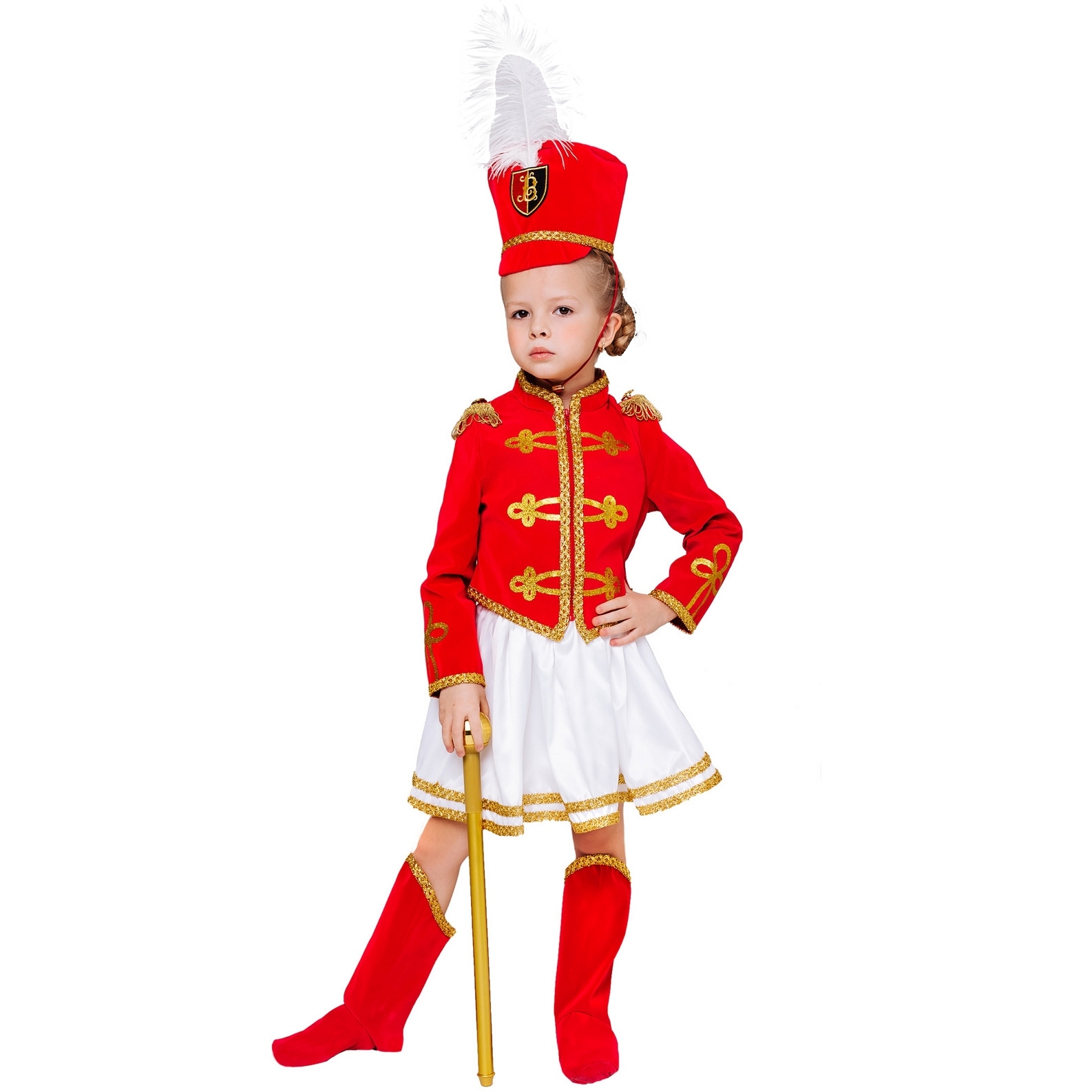 Карнавальный костюм "Мажоретка" (мундир, юбка, кивер, сапоги, трость) размер 122-64