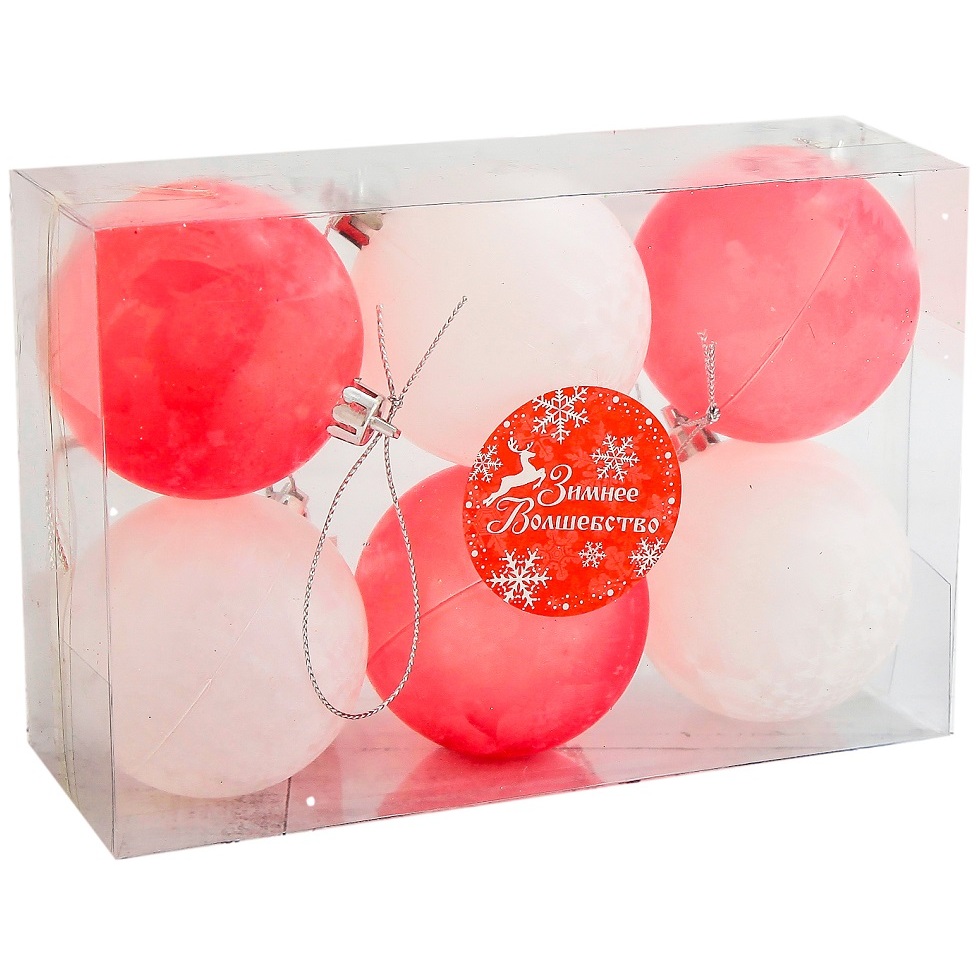 Набор шаров пластик d-6 см (набор 6 шт) туман бело красные 1023290