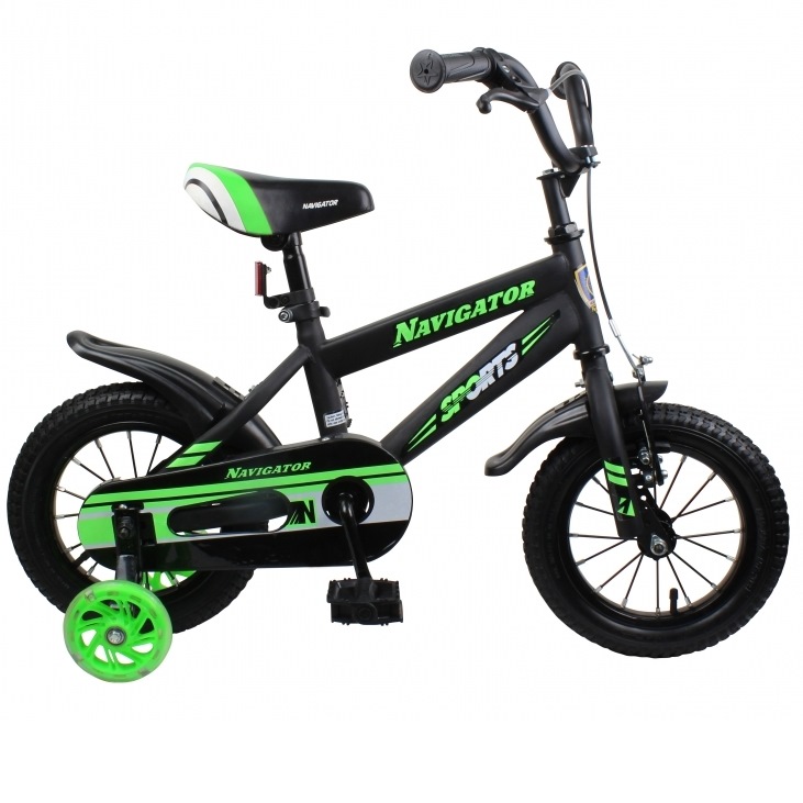 Велосипед 12" Навигатор Sport I (черно-зеленый, страховочные колеса)