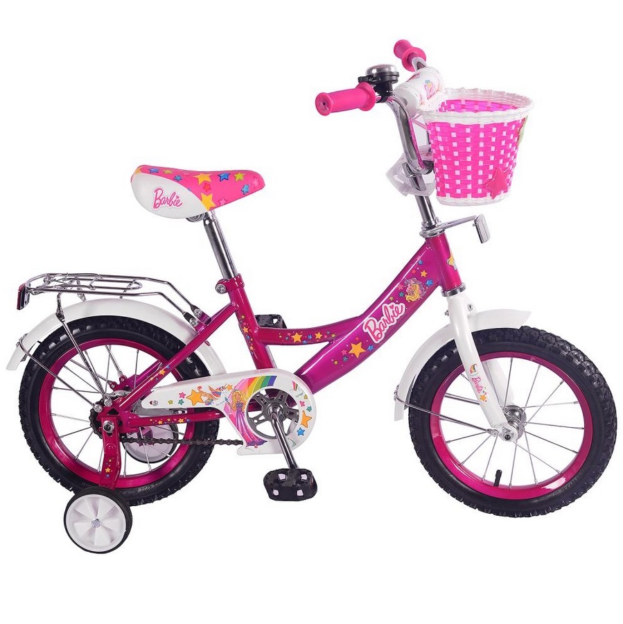 Велосипед 14" Барби (розово-белый, передняя корзина, багажник, страховочные колеса)