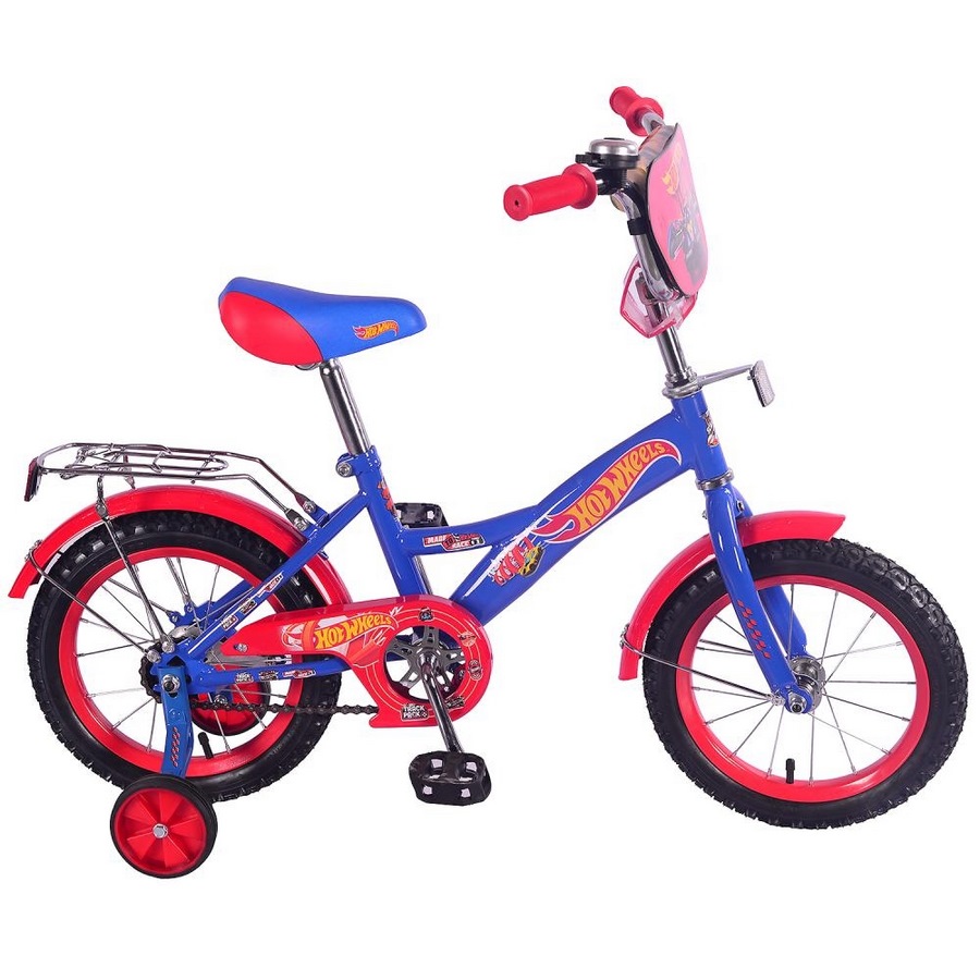 Велосипед 14" Хот Вилс (сине-красный, багажник, страховочные колеса)